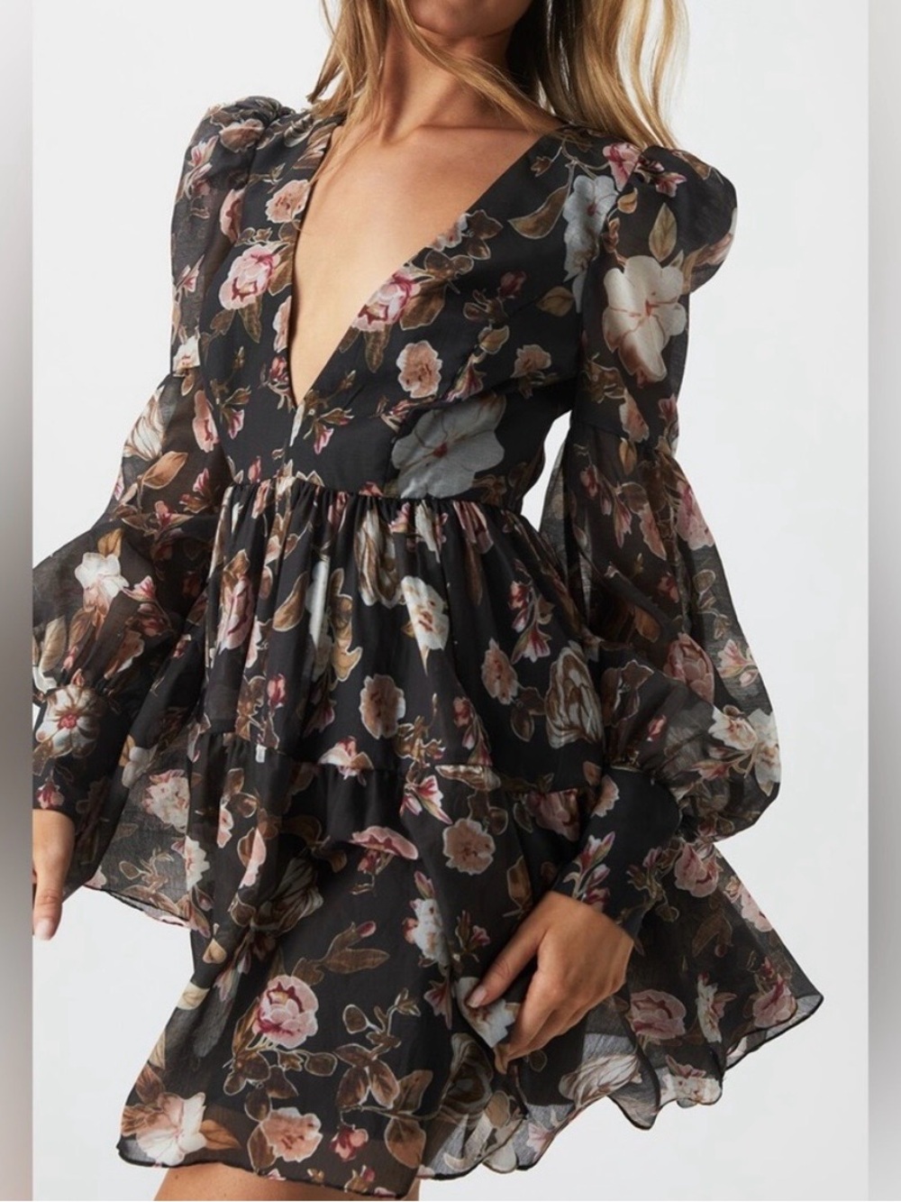 Bardot Black Floral V-Neck Tiered Mini Dress